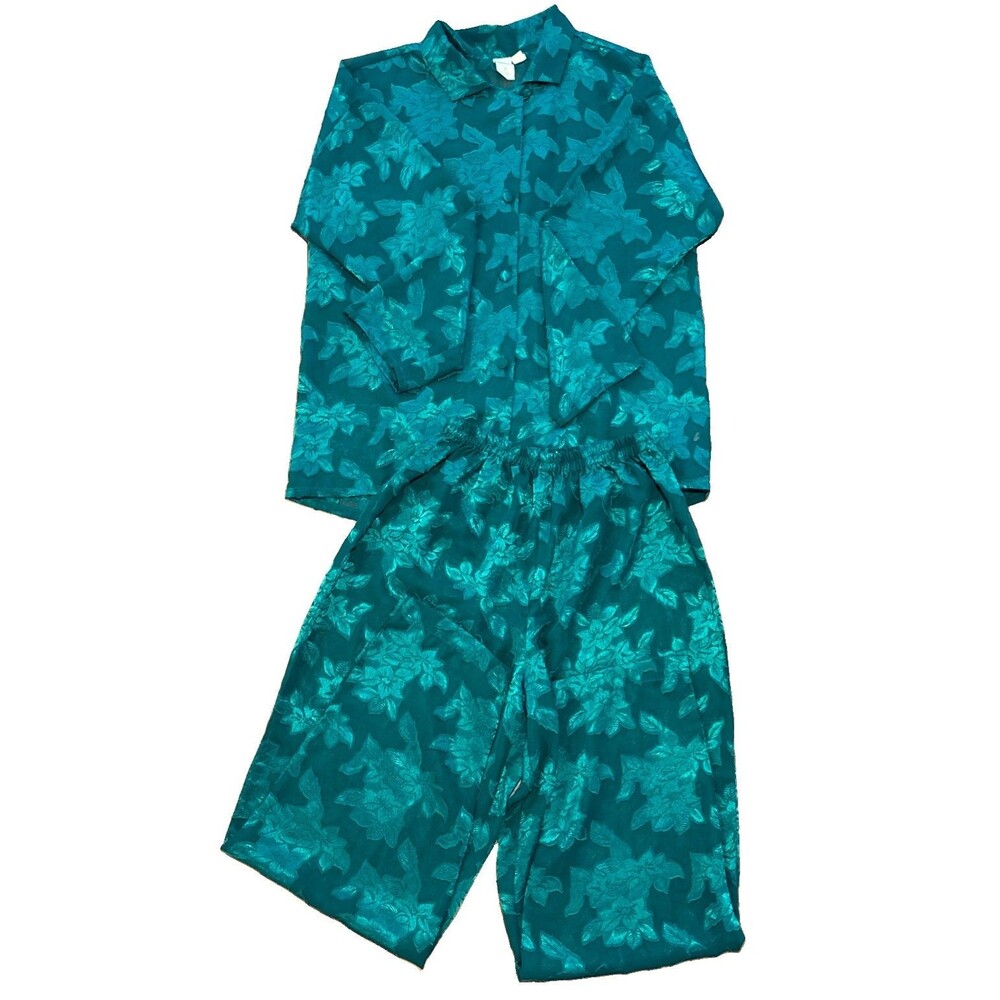 Vintage Victoria’s Secret Gold Label Green Jacquard Satin Floral Pajama Set Sz S